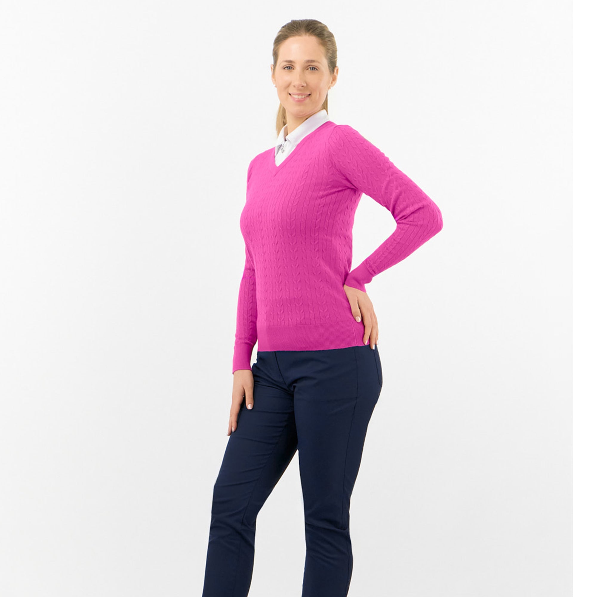 Pure Golf Suzie Summer Weight Knitted Ladies Golf Jumper Deep Azalea